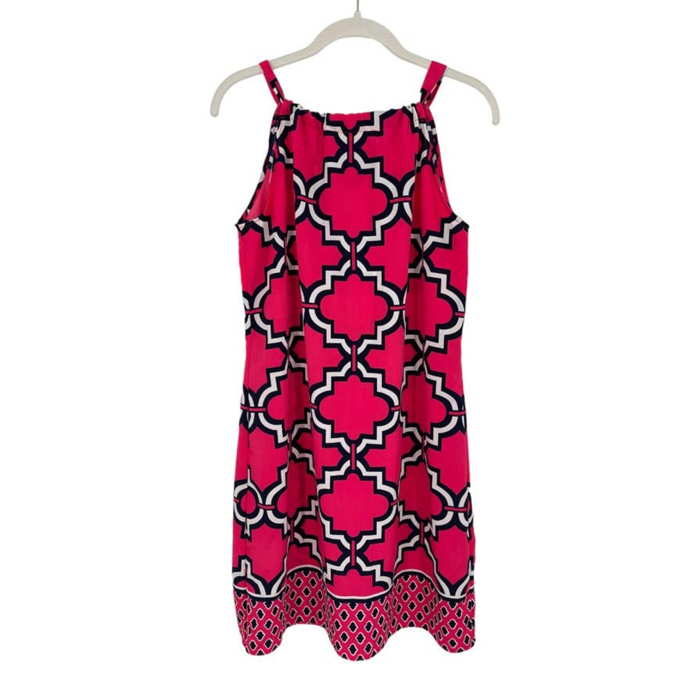 Crown & Ivy High Neck Halter Shift Mini Dress Geo Pink Navy - Size Small EUC